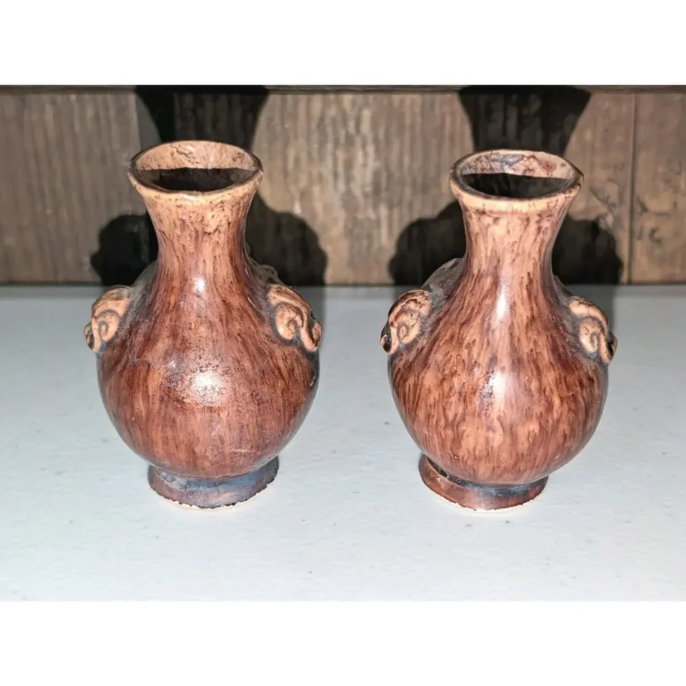 Vintage Japanese Banko Ware Mini Vases Pair Hand Carved 3D Relief Clay Pottery
